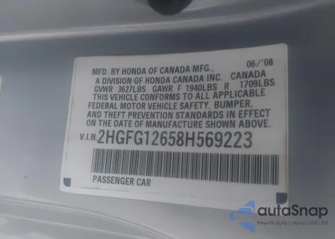 2008 Honda Civic Lx from USA, damaged, VIN 2HGFG12658H569223